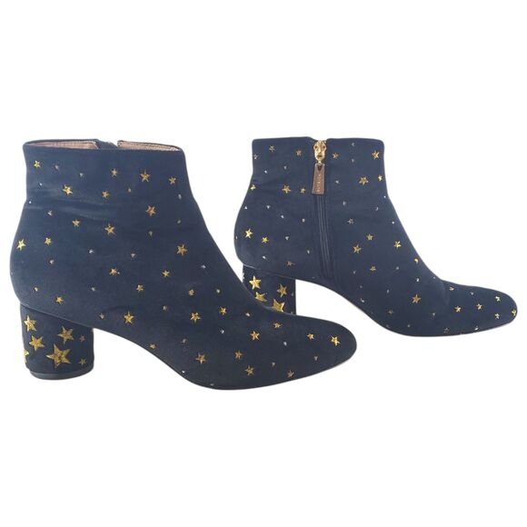 sz 7 Butrich Black Velvet Gold Stars Embroidered Booties Ankle Boots Metallic - Picture 1 of 15